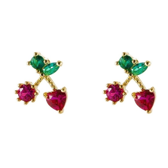 Fruit Stud Cherries Earrings 18K Gold Red Cherries Summer Gold Jewelry 🍒 - Picture 2 of 3